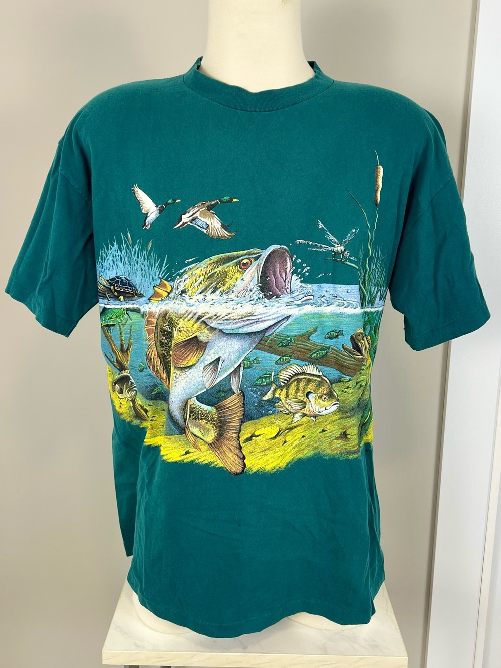 Vintage Teal Fishing Graphic T-Shirt with Bass and Wildlife